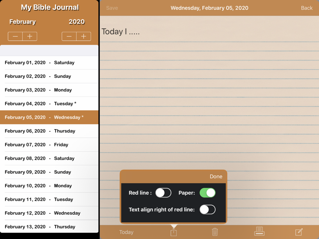 My Bible Journal - iPad interface of My Bible Journal showing a daily entry on lined paper with a date navigation sidebar and settings popup