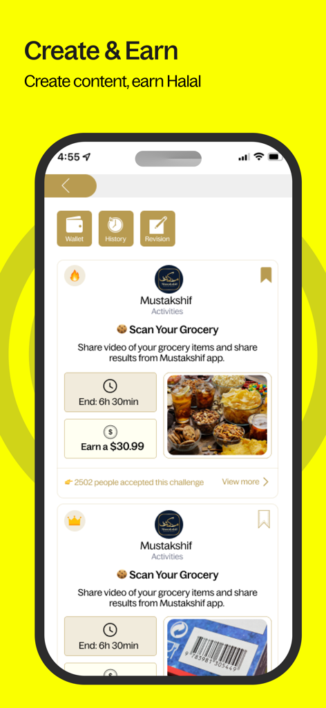 Mustakshif: Halal Food Scanner - Captura de tela do aplicativo Mustakshif mostrando a seção Criar e Ganhar onde os usuários podem escanear mantimentos para receber recompensas.