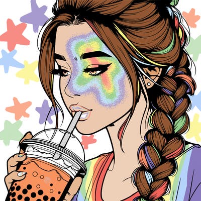 realistic girl drinking boba tea with braided hair