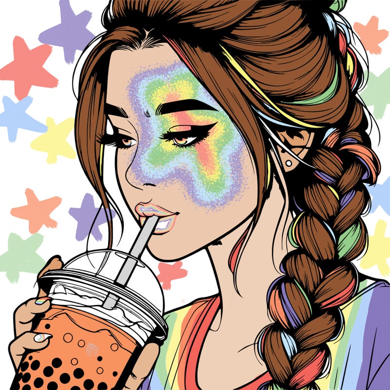 realistic girl drinking boba tea with braided hair