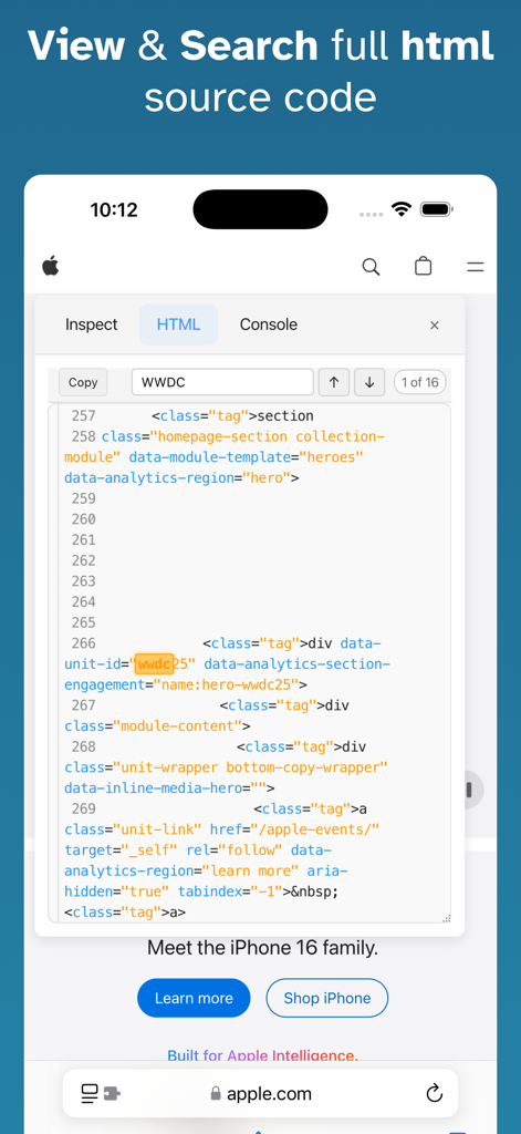 Web Inspector for Safari - Mobile app interface showing full HTML source code for a website with a search bar and line numbers