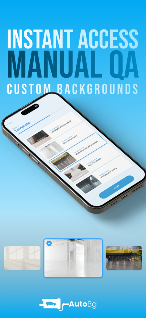 Pantalla de iPhone mostrando varias plantillas de fondos profesionales para automóviles en la aplicación AutoBg