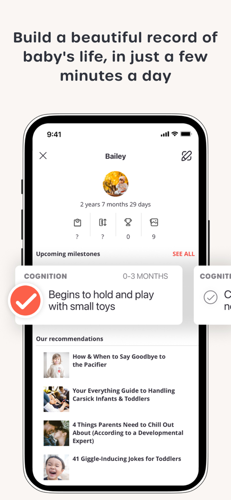 Tinybeans Private Family Album - Smartphone screen showing Tinybeans app milestone tracker and developmental articles for a baby.
