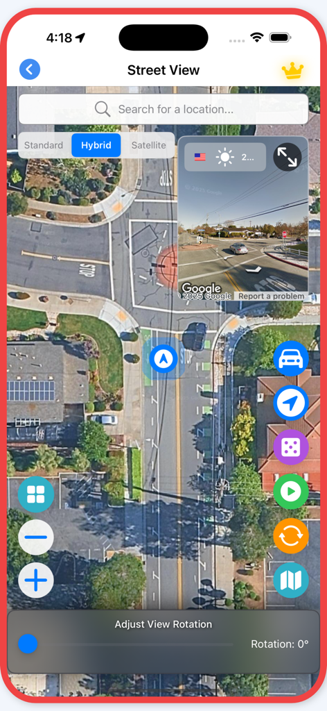 Hybrid satellite map with live street view window and navigation tools