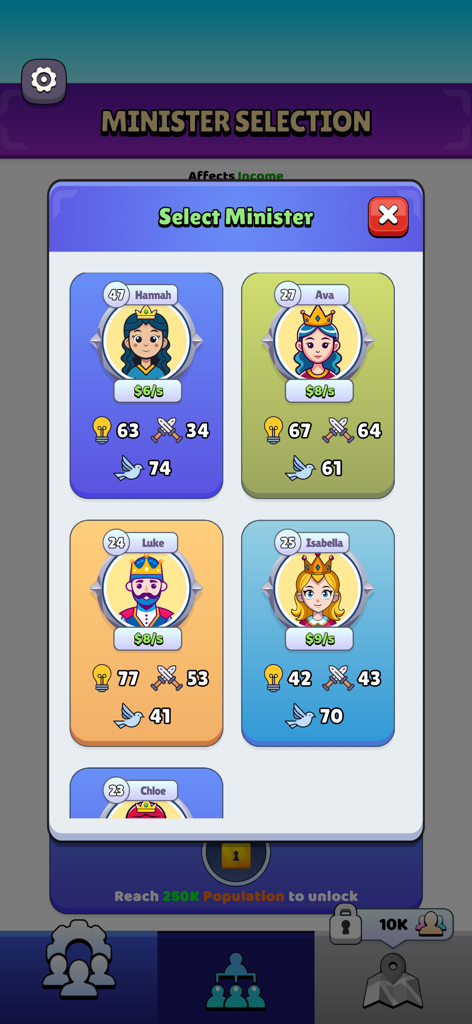 Kingdom Life! - Minister selection screen in Kingdom Life showing royal character cards and their strategic attributes