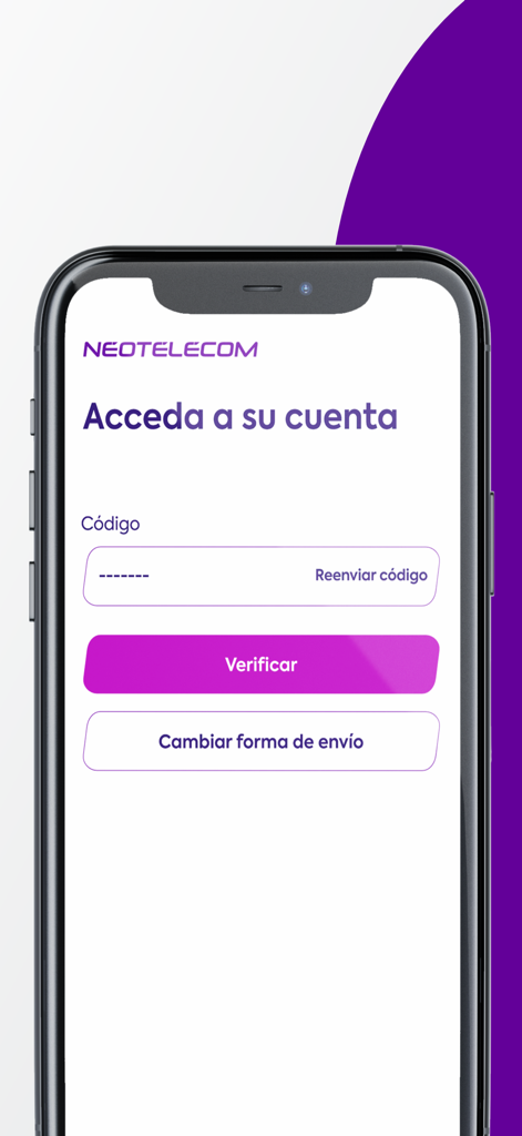 Mi Neo - Mi Neo mobile app screen for account access and code verification