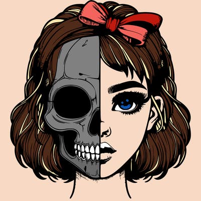 realistic girl with half skull mask