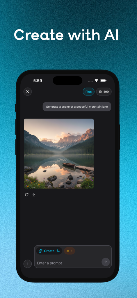 BitMind app interface showing a peaceful mountain lake generated by AI from a text prompt
