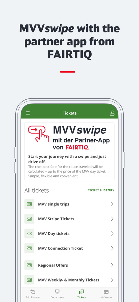 München Navigator - München Navigator App Ticket-Auswahlbildschirm mit der MVVswipe-Funktion
