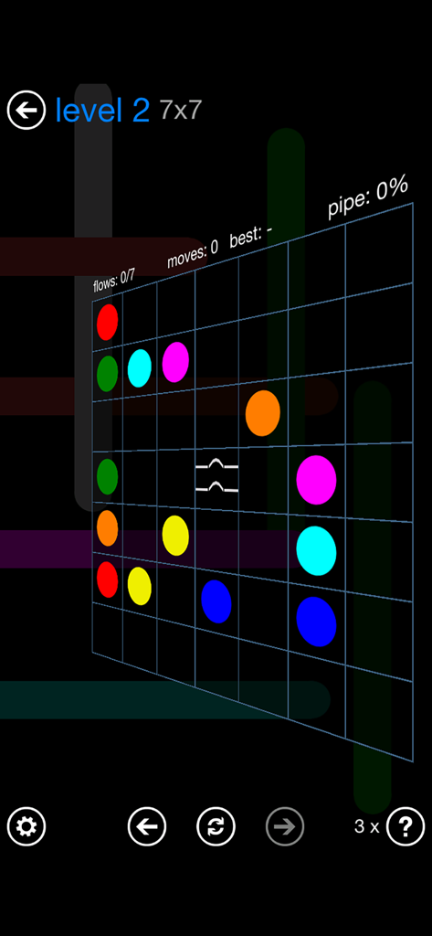 Flow Free: Bridges - A screenshot of Flow Free Bridges showing a 7x7 level grid with colored dots and bridge icons