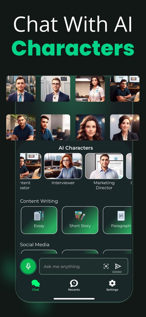 CAI Chat Poly AI Assistant interface showing various AI characters and writing tools