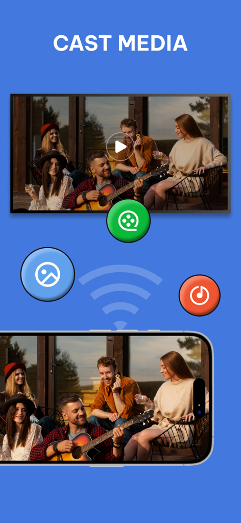Universal TV Remote Voice AI - Función de transmisión de medios que muestra un iPhone duplicando video a una pantalla de TV