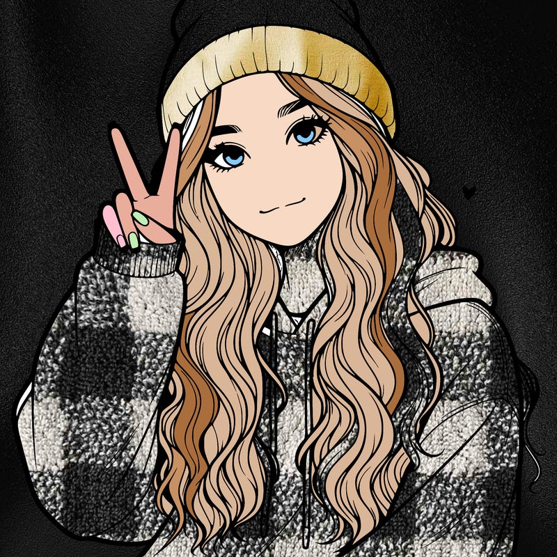 a teenage girl in a beanie, oversized sweatshirt, wavy long hair, and is showing a ✌️