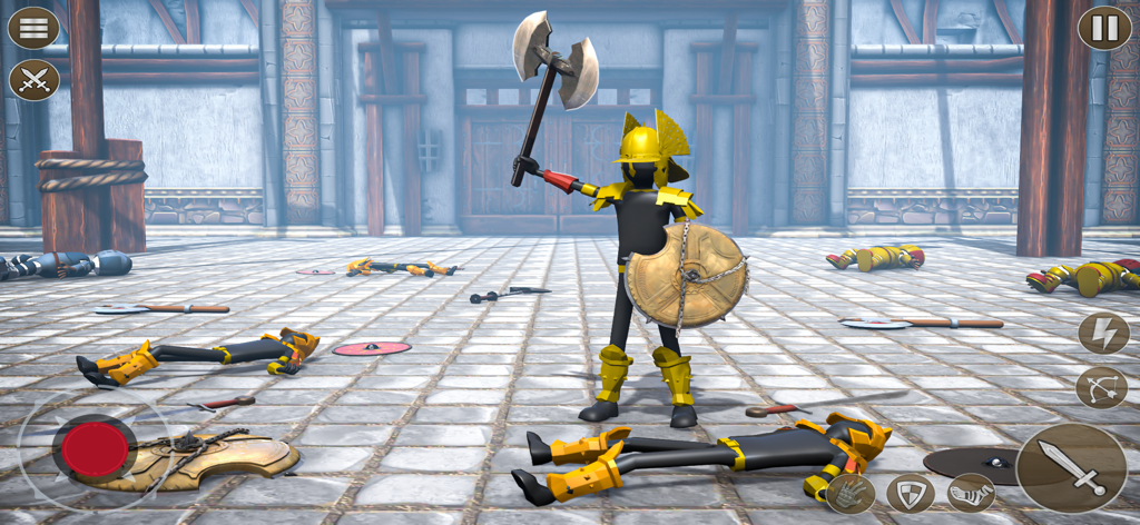 Stickman 3D Gladiator - 3D stickman gladiator in yellow armor holding a battle axe in a Roman arena