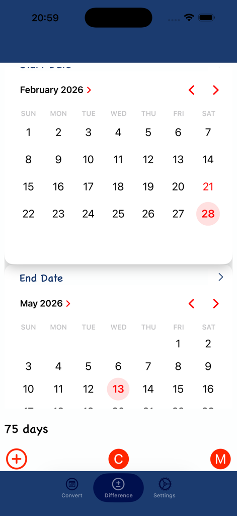 Aplicación Dates Convert calculando el número de días entre dos fechas seleccionadas