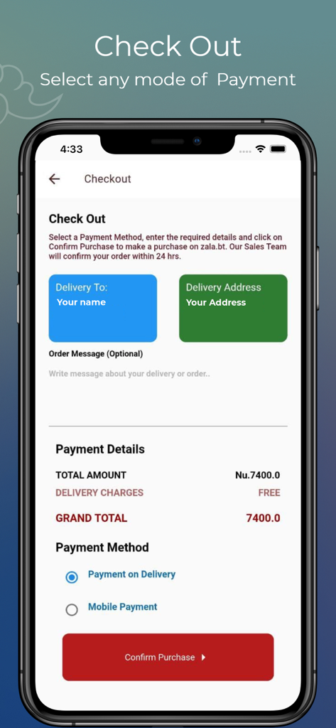 Zala.bt mobile app checkout screen showing payment methods and order total in Bhutanese Ngultrum