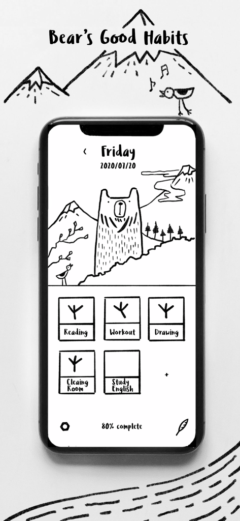 Bear Good Habits - Tracker - Hand-drawn habit tracker app interface featuring Tom the Bear and task completion stamps.