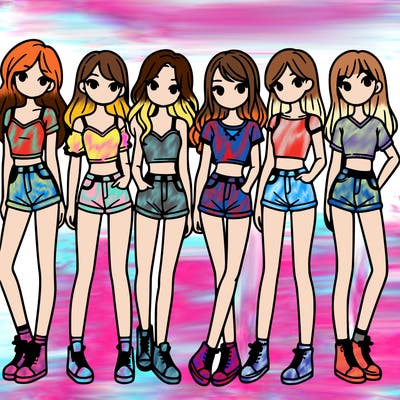 a group of girls wearing crop tops and shorts