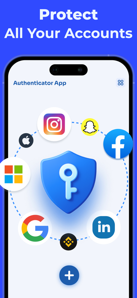 Authenticator App - 2FA &. MFA - A smartphone displaying the Authenticator App interface with a central security shield surrounded by icons for Google Facebook Instagram and Binance