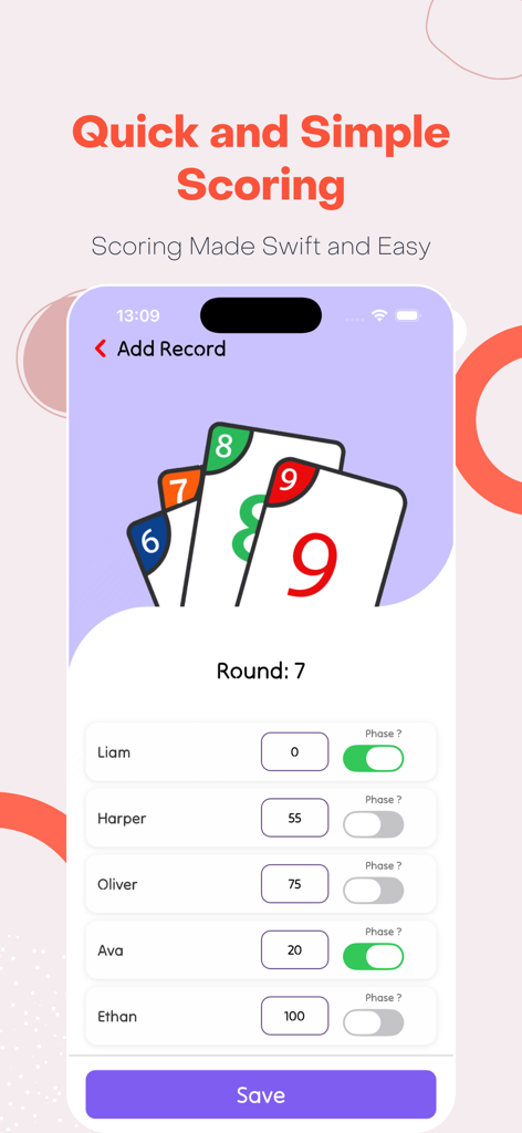 Phase 10 Scoreboard - Interface of Phase 10 Scoreboard app showing round seven player scores and phase progress