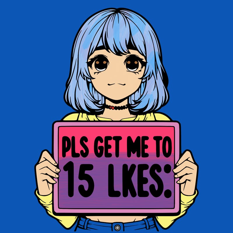 realistic girl holding up a sign that says “pls get me to 15 likes!”