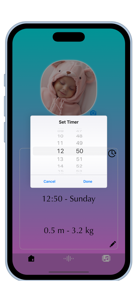 Colic: Sleep Sounds & Musics - User interface of the Colic app showing a set timer popup for baby sleep sounds on an iPhone
