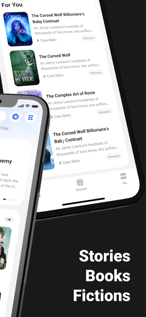 Stolybook - Where Story Shines - Stolybook mobile app interface displaying a curated list of romance and werewolf stories for binge reading