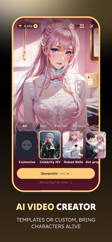 Saylo: AI Character Story Chat - Saylo app interface showing AI video creator with anime character and story templates