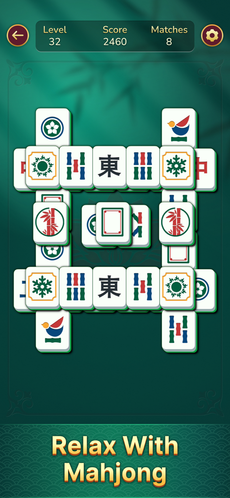 Jolly Mahjong - Jolly Mahjong game screen featuring large tiles and a relaxing green background with the text Relax With Mahjong