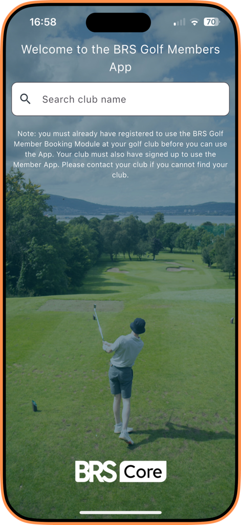 BRS Golf Members App welcome screen with club search bar and scenic course background