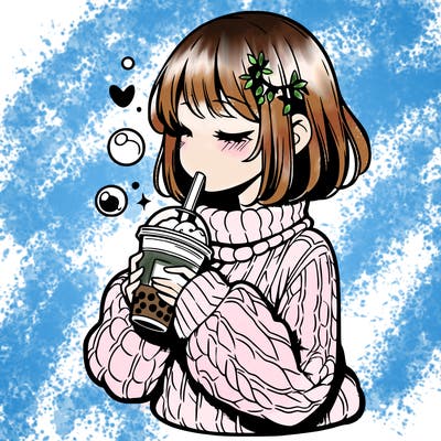 manga girl drinking boba in cozy sweater