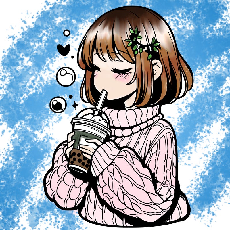manga girl drinking boba in cozy sweater