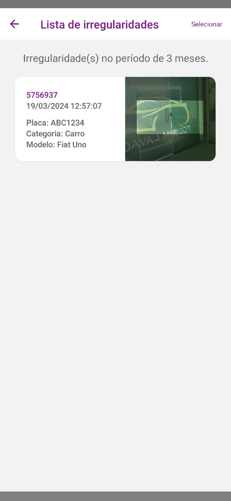 Niterói Rotativo - A mobile app screen showing a list of parking irregularities with vehicle details and a photo record in the Niteroi Rotativo application.