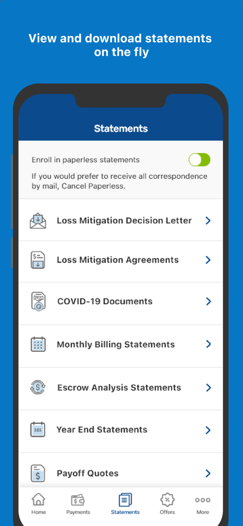 Freedom Mortgage app screen showing various mortgage statement and document options