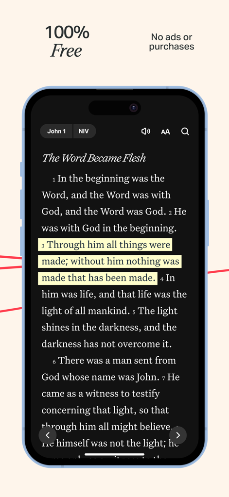 YouVersion Bible App interface showing Scripture from John 1 in dark mode with highlighted verses