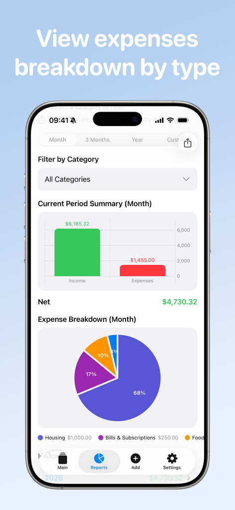Cash Count Pro - Finance - Monthly financial reports in Cash Count Pro showing expense breakdown via a pie chart and income comparisons