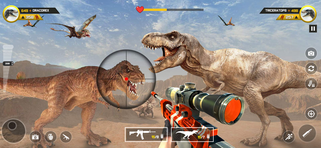 Dinosaur FPS Gun Hunting Games - First person view of a sniper rifle aiming at a T-Rex in a prehistoric desert environment.