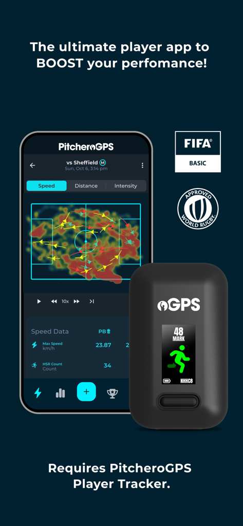PitcheroGPS - Aplicativo móvel PitcheroGPS mostrando mapa de calor esportivo em um telefone ao lado do dispositivo rastreador vestível do jogador
