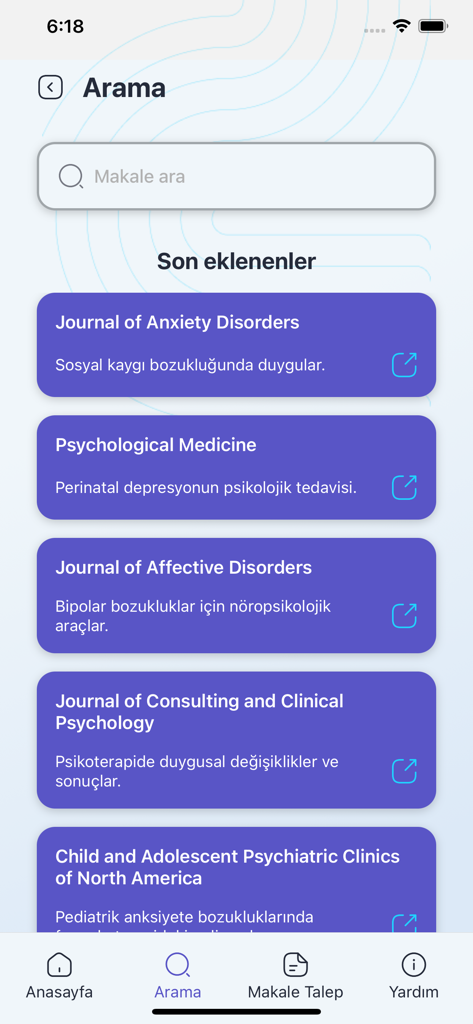 Medils - The search interface of the Medils app showing a search bar and a list of recently added medical journals like the Journal of Anxiety Disorders.