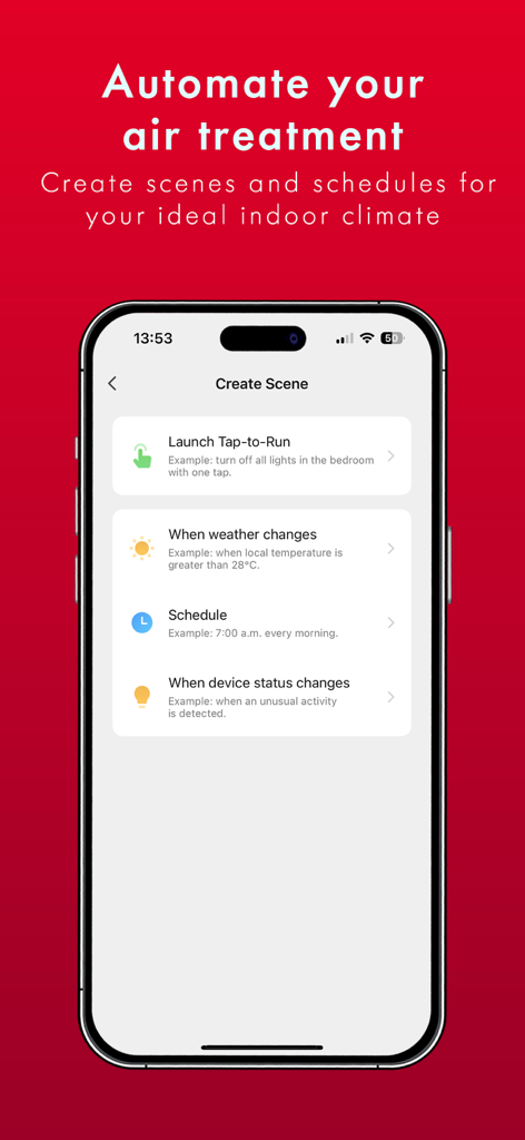 BONECO SMART - BONECO SMART app interface showing options to create automation scenes and schedules for indoor air treatment.