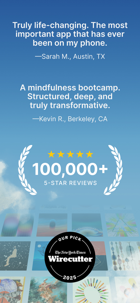 Waking Up: Meditation & Wisdom - Screen showing user testimonials, 100,000 5-star reviews, and the New York Times Wirecutter 2025 Pick award for Waking Up meditation app.