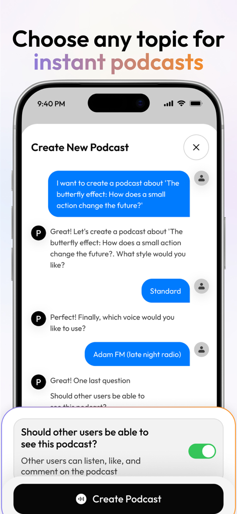 Interface for creating a custom AI podcast from a topic with voice and style options