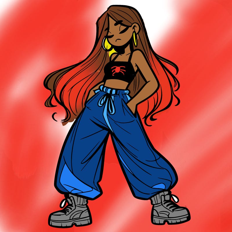 girl in baggy pants crop top and long hair