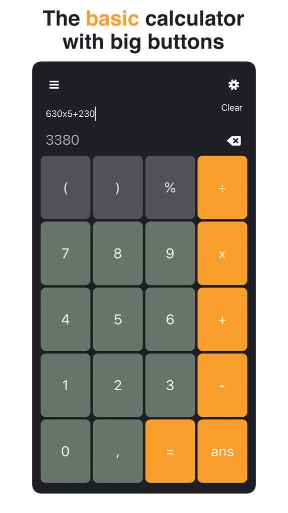 The Calculator Pro app interface featuring large, easy-to-read buttons and a dark mode theme.