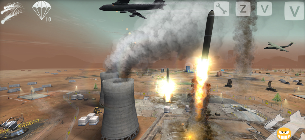 Nuke Em All 2 - A tactical missile launching from a desert military base with smoke and aircraft in Nuke Em All 2