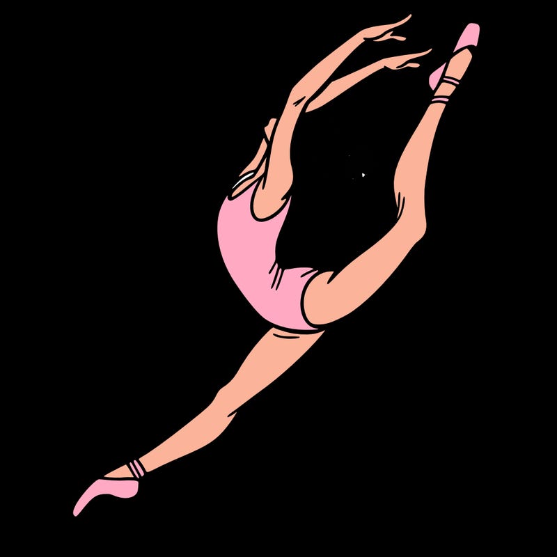 gymnast doing a leap in a leotard with a bent back leg