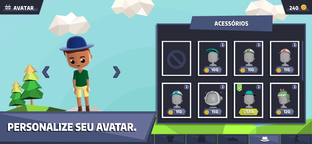 Interface de personalização de avatar no aplicativo Meu Bernoulli XP mostrando um personagem e várias opções de acessórios.