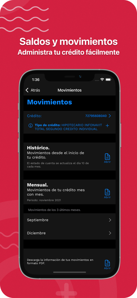 Mi Cuenta Infonavit Móvil - Pantalla de la aplicación móvil Infonavit que muestra saldos de crédito y movimientos de transacciones