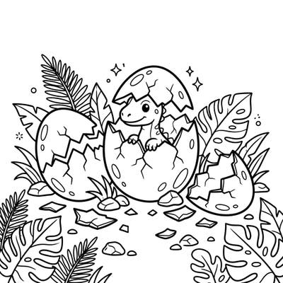 Get ready for a super cute prehistoric discovery! This fun coloring page features an adorable baby dinosaur just peeking out of its egg, surrounded by jungle leaves, perfect for little artists.