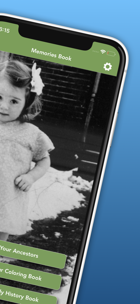 Memories Book app interface showing an old family photo and genealogy book options